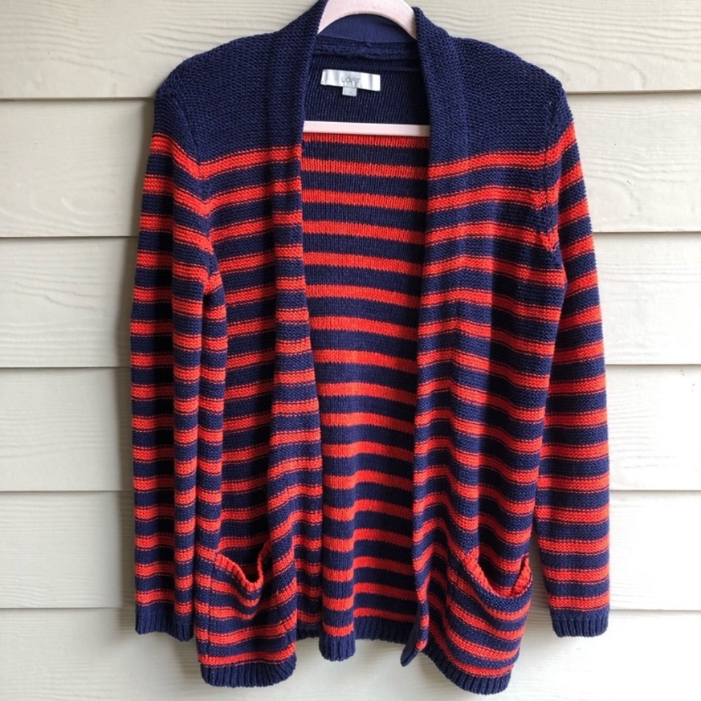 LOFT Stripe Chunky Knit Open Front Preppy Cardigan